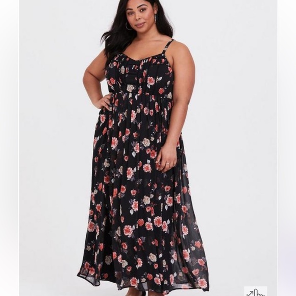 Torrid Black Floral Pleated Chiffon Maxi Dress - Picture 1 of 4